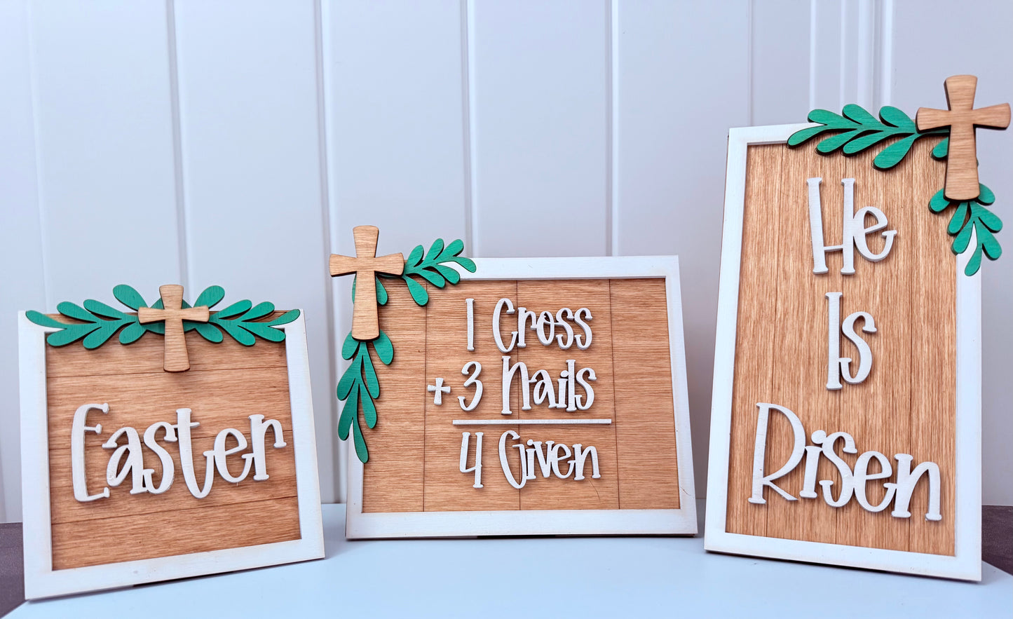 Set of 3 Mini Easter Signs – Christian Tabletop Décor, Self-Standing Wooden Signs
