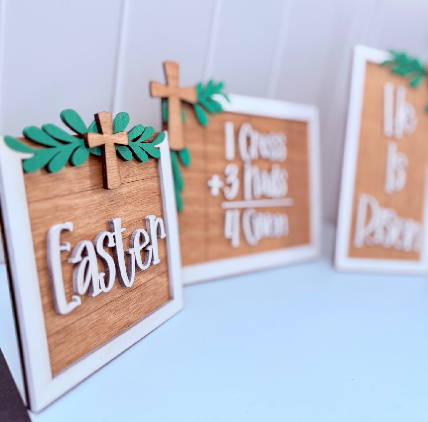 Set of 3 Mini Easter Signs – Christian Tabletop Décor, Self-Standing Wooden Signs