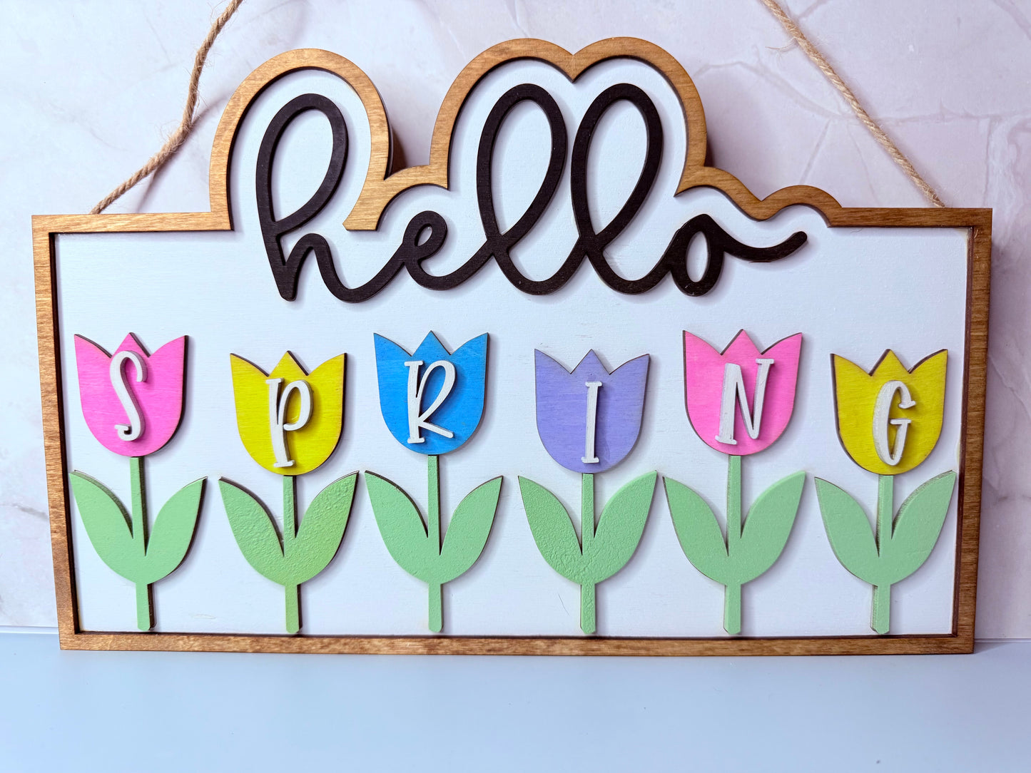 Hello Spring Door Hanger Wall Sign Floral Spring Sign