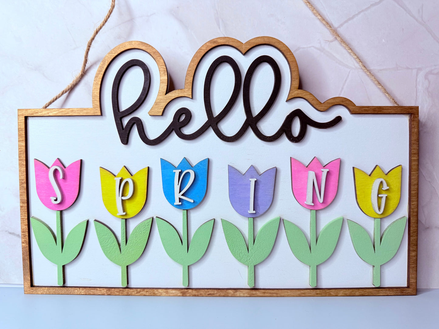 Hello Spring Door Hanger Wall Sign Floral Spring Sign