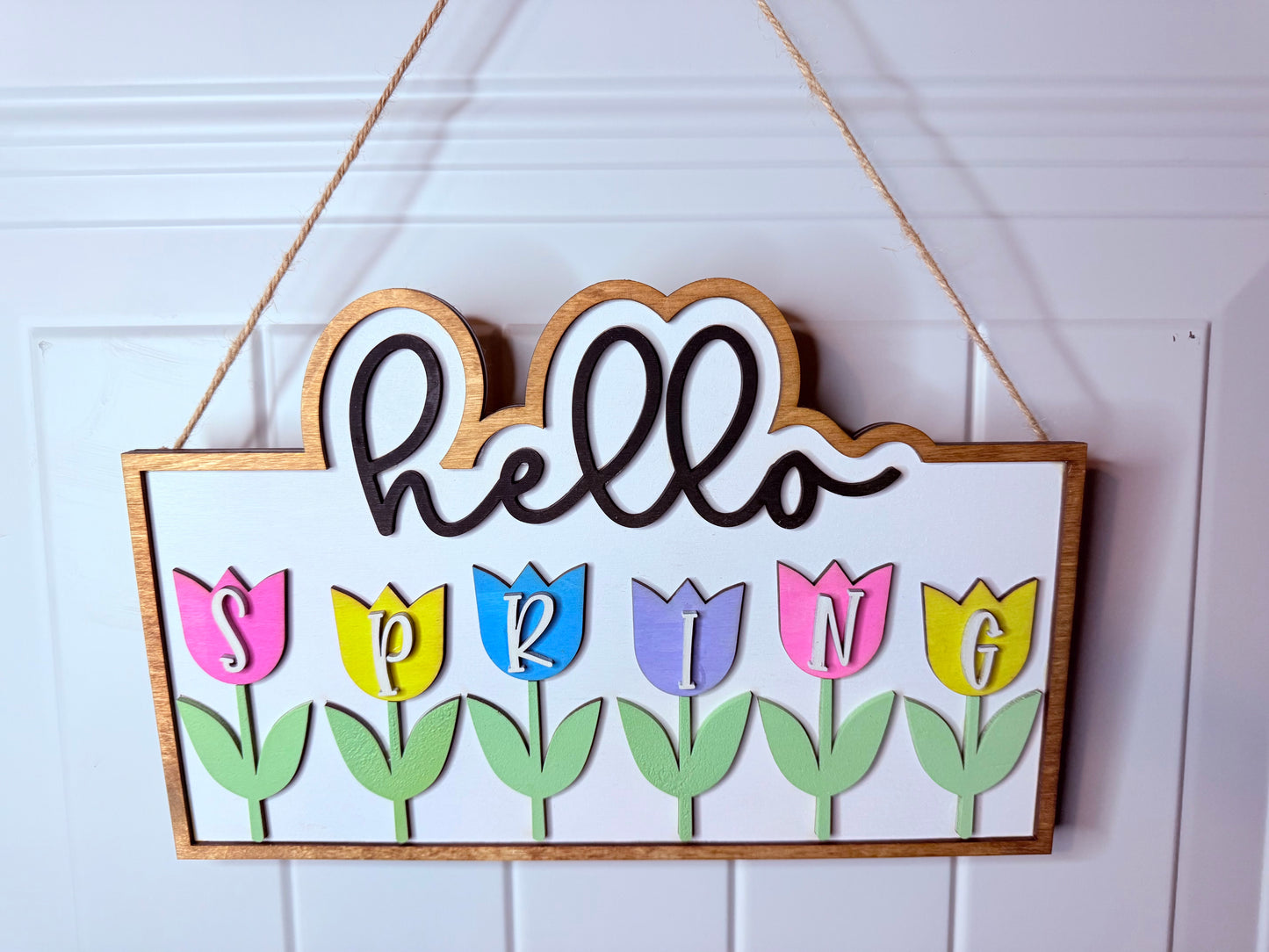 Hello Spring Door Hanger Wall Sign Floral Spring Sign
